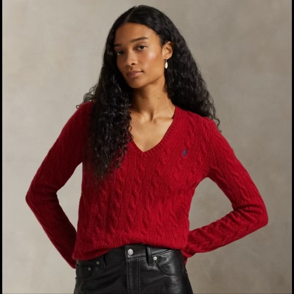 Ralph Lauren Sweaters - Ralph Lauren Cable Knit V-Neck Sweater in Red
